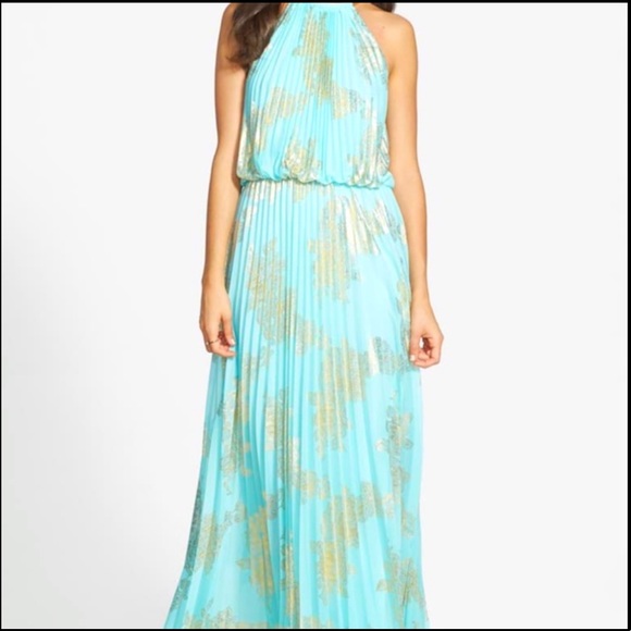 xscape blue and gold dress Xscape Petite One-Shoulder Applique Ball Gown - Blue Gold main image 0